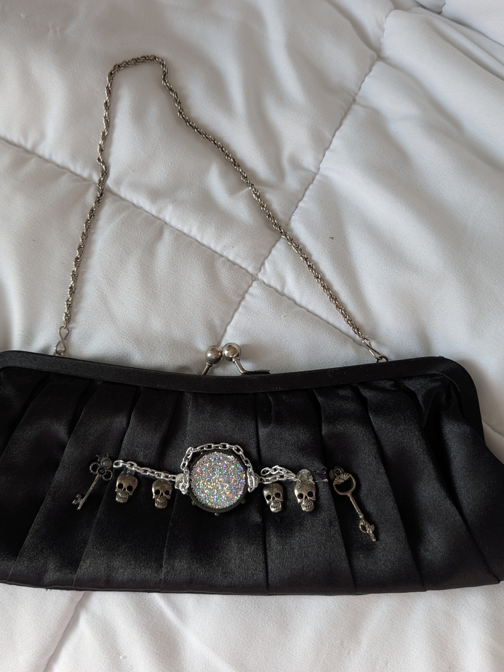 Black Satin Evening Clutch with Skull & Key Charms